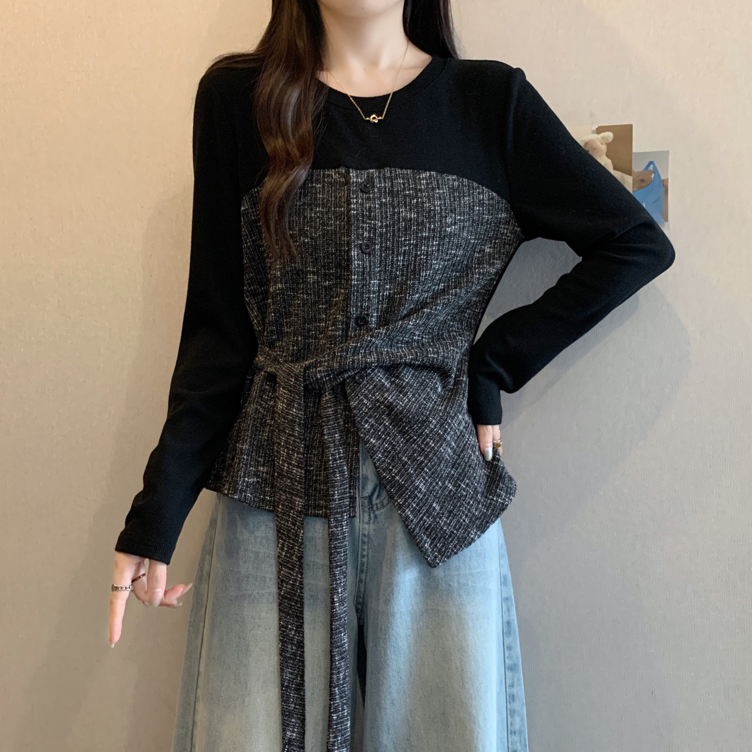 MY14698# 新款胖mm大码设计感拼接假两件长袖T恤绑带收腰上衣女裝貨...