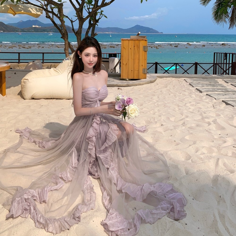 實拍度假風連衣裙2025春季新款設計感抹胸長裙紫色網紗裙子