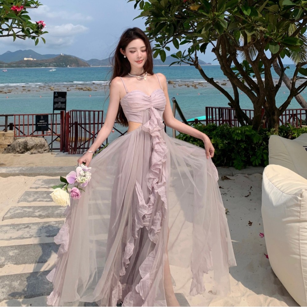 實拍度假風連衣裙2025春季新款設計感抹胸長裙紫色網紗裙子