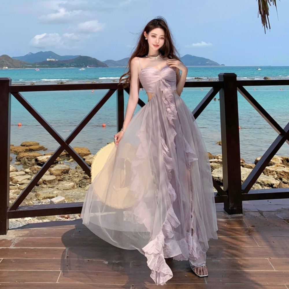 實拍度假風連衣裙2025春季新款設計感抹胸長裙紫色網紗裙子