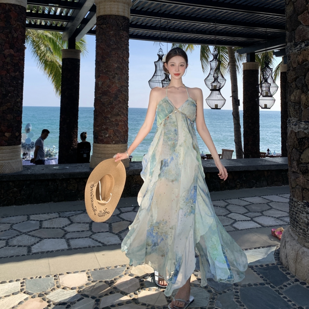 實拍“南法假日”夏季印花顯瘦長裙度假風吊帶連衣裙女