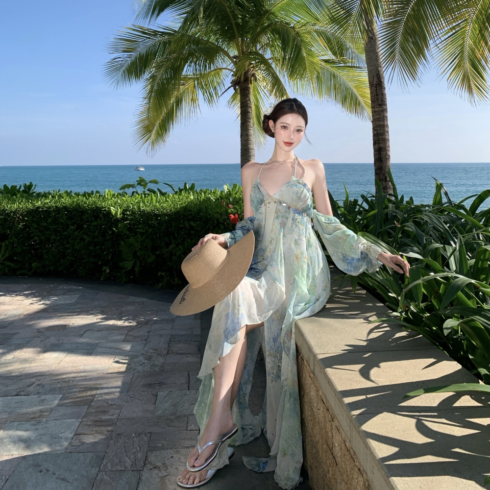 實拍“南法假日”夏季印花顯瘦長裙度假風吊帶連衣裙女