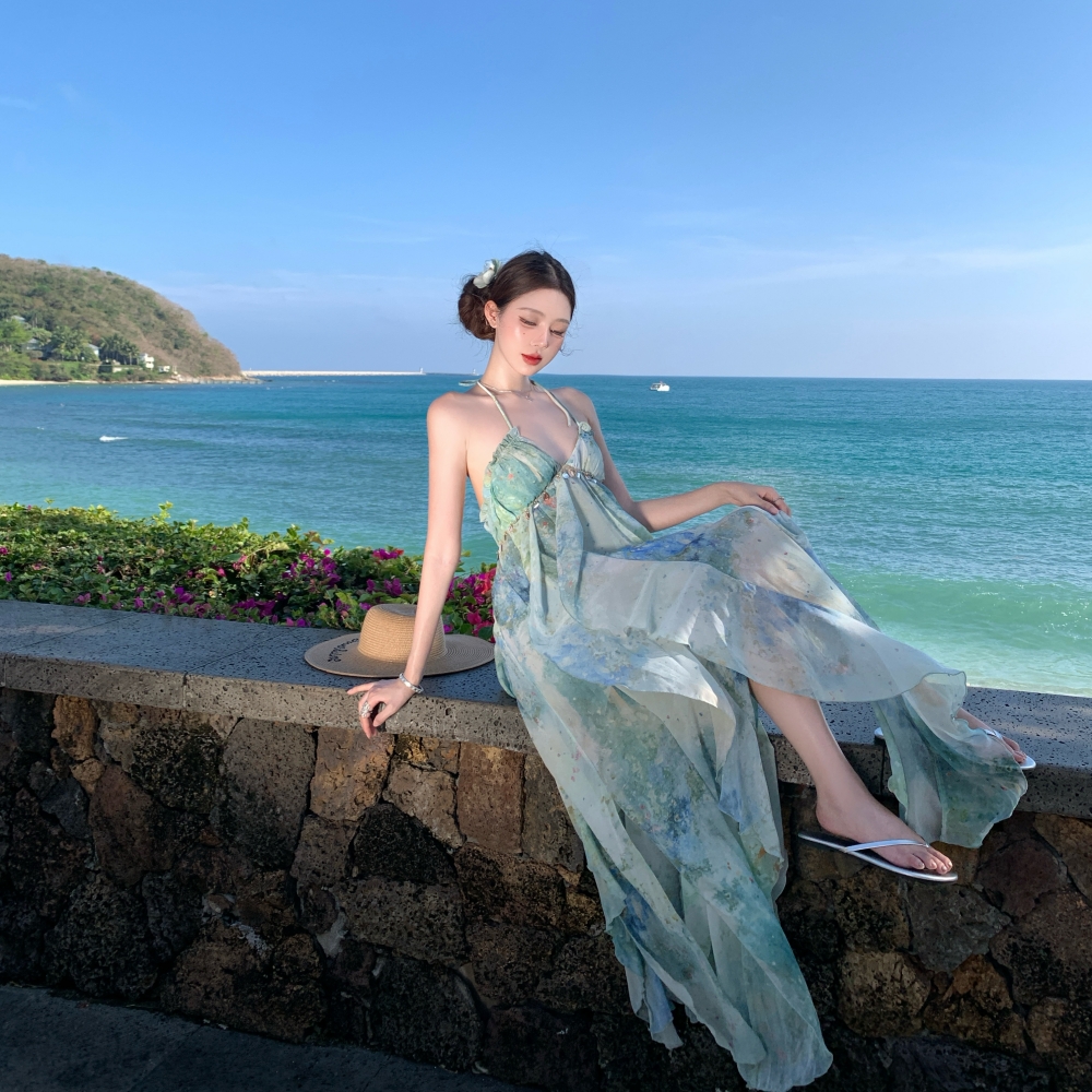 實拍“南法假日”夏季印花顯瘦長裙度假風吊帶連衣裙女
