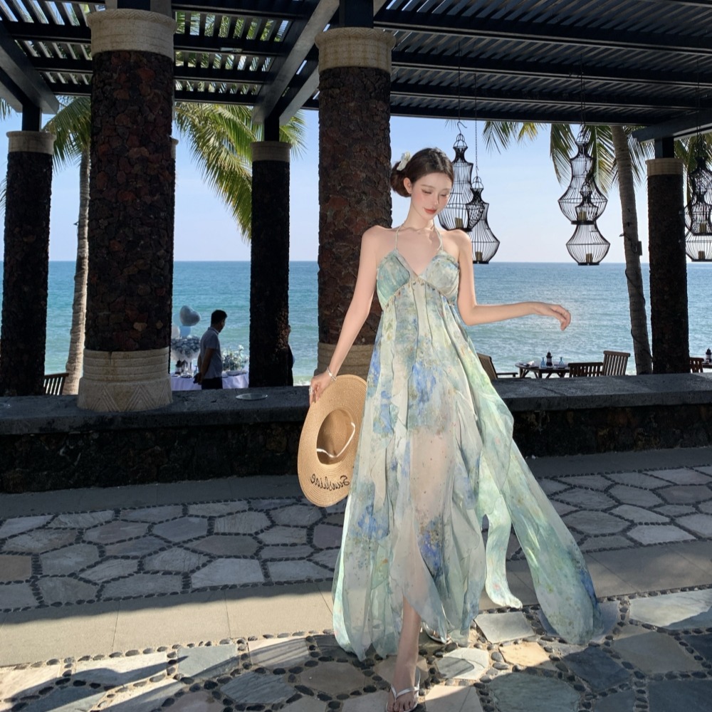 實拍“南法假日”夏季印花顯瘦長裙度假風吊帶連衣裙女