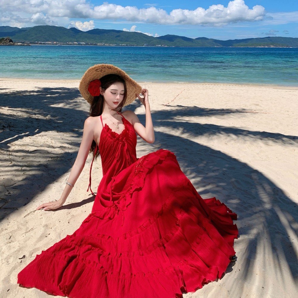 實拍復古波爾多紅色v領吊帶連衣裙女夏季性感小露背蛋糕長裙