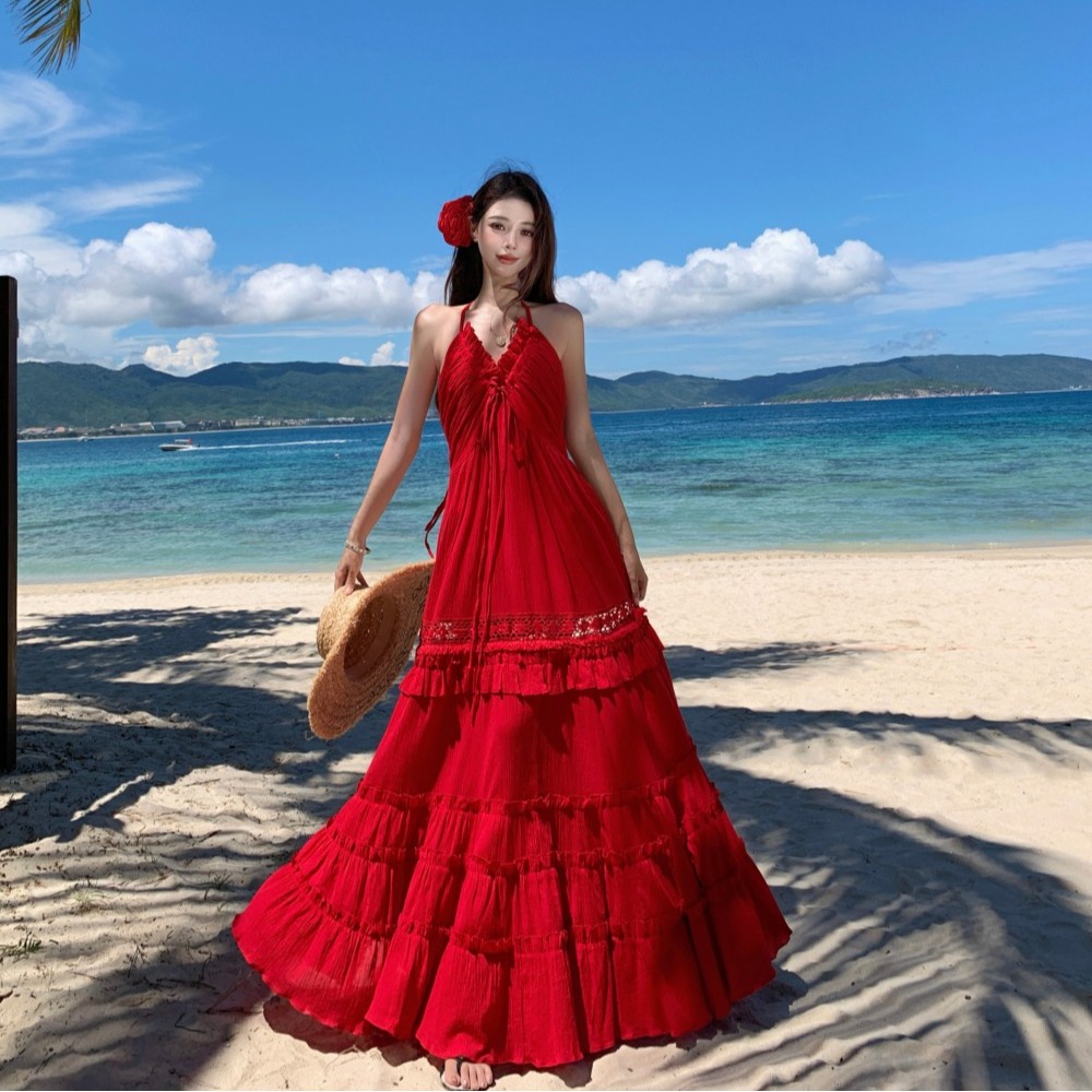 實拍復古波爾多紅色v領吊帶連衣裙女夏季性感小露背蛋糕長裙