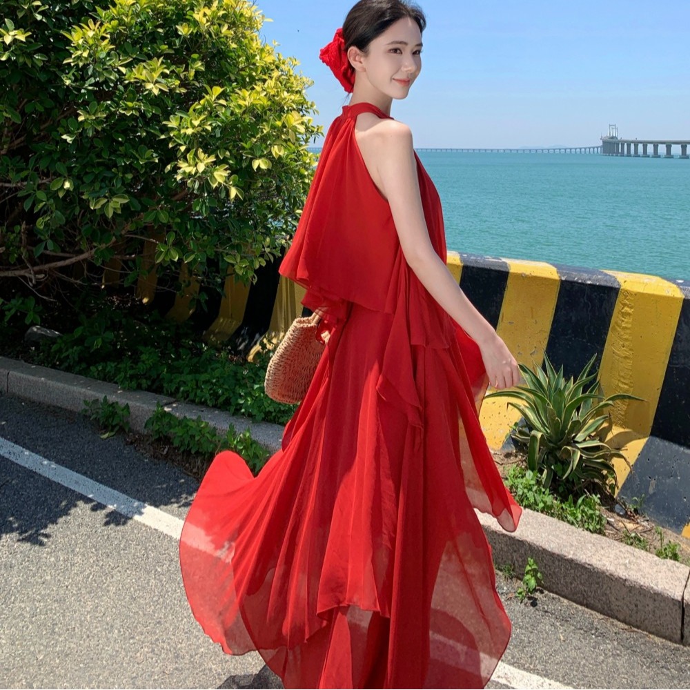 實拍立體玫瑰花朵點綴 掛脖蛋糕裙無袖連衣裙海邊度假風長裙