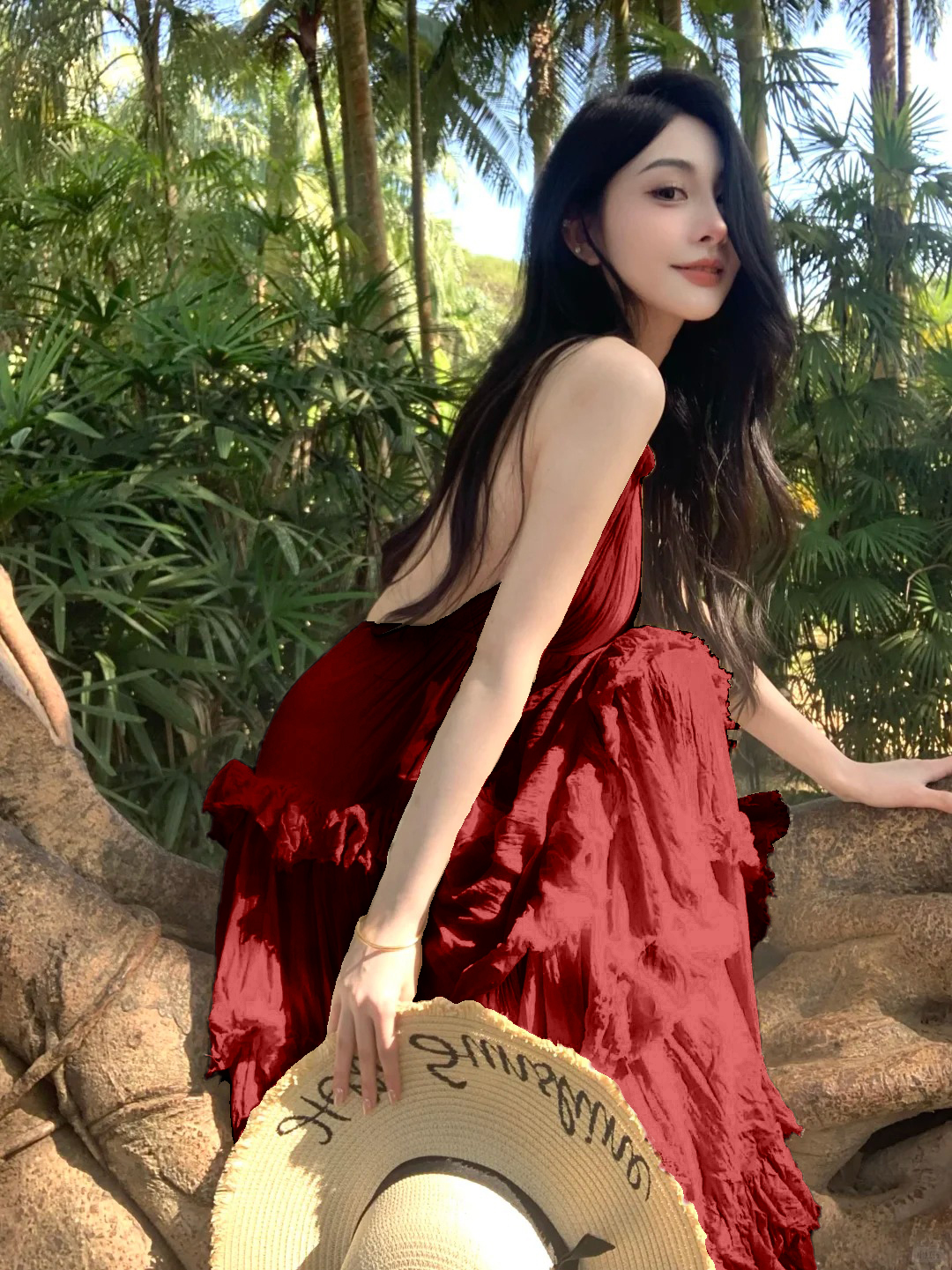 泰國云南海邊度假高級V領掛脖連衣裙仙女性感露背荷葉邊蛋糕長裙