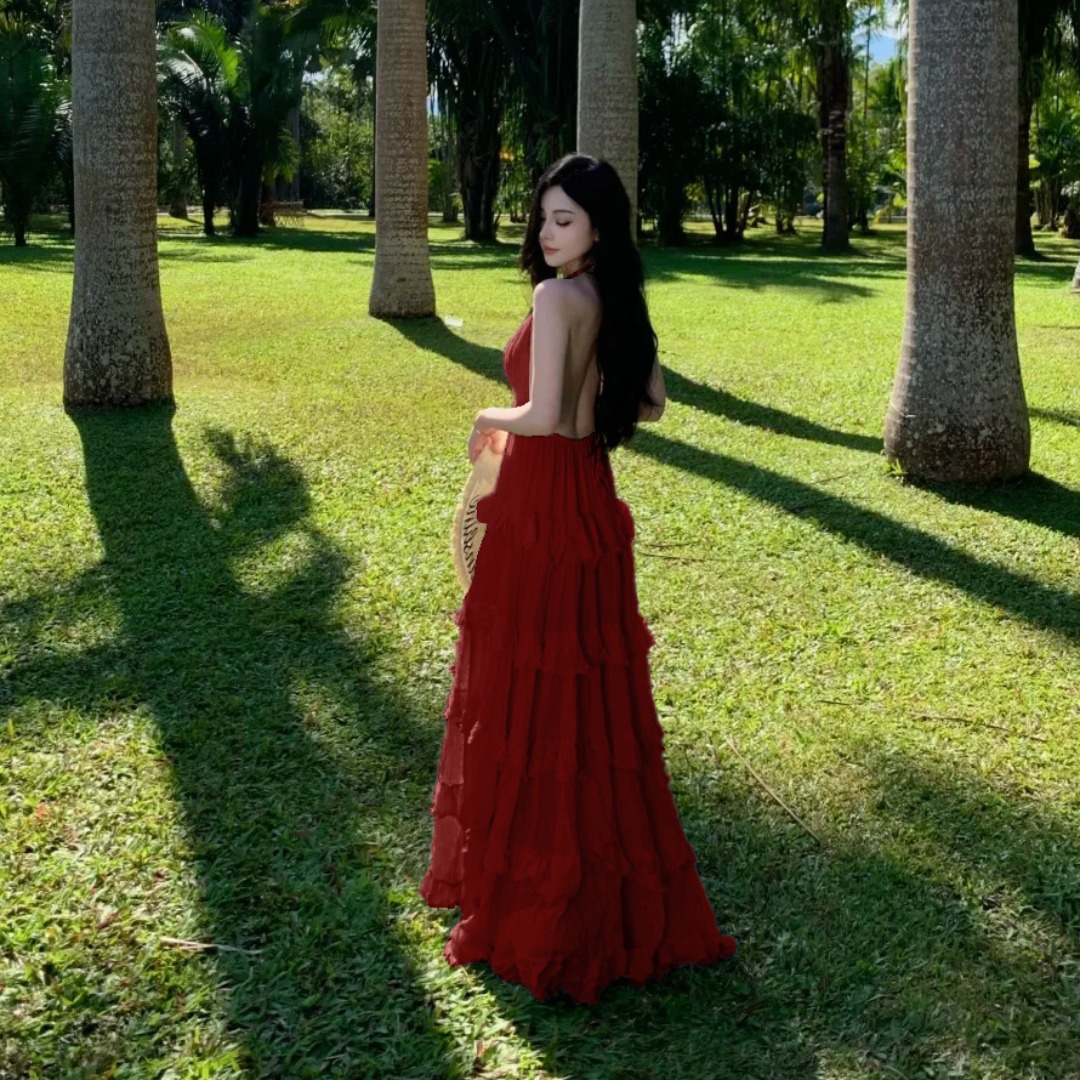 泰國云南海邊度假高級V領掛脖連衣裙仙女性感露背荷葉邊蛋糕長裙