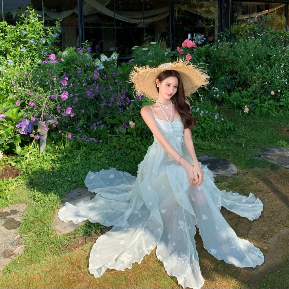 實拍薄荷仲夏夏季吊帶連衣裙女度假風氣質