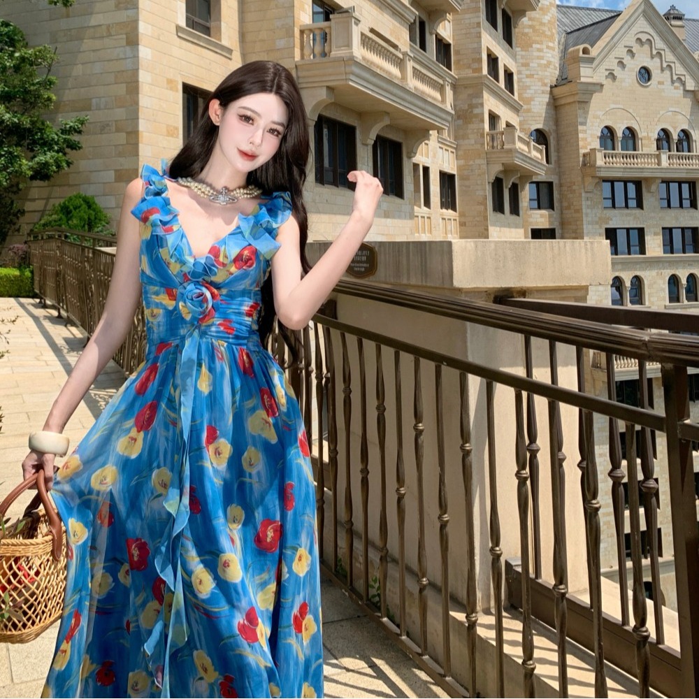 實拍巴黎畫染 重工設計感V領碎花吊帶連衣裙女收腰顯瘦長裙
