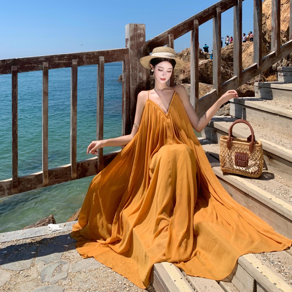 實拍縵紗垂漾法式連衣裙女夏時尚吊帶裙大裙擺海邊度假沙灘長裙