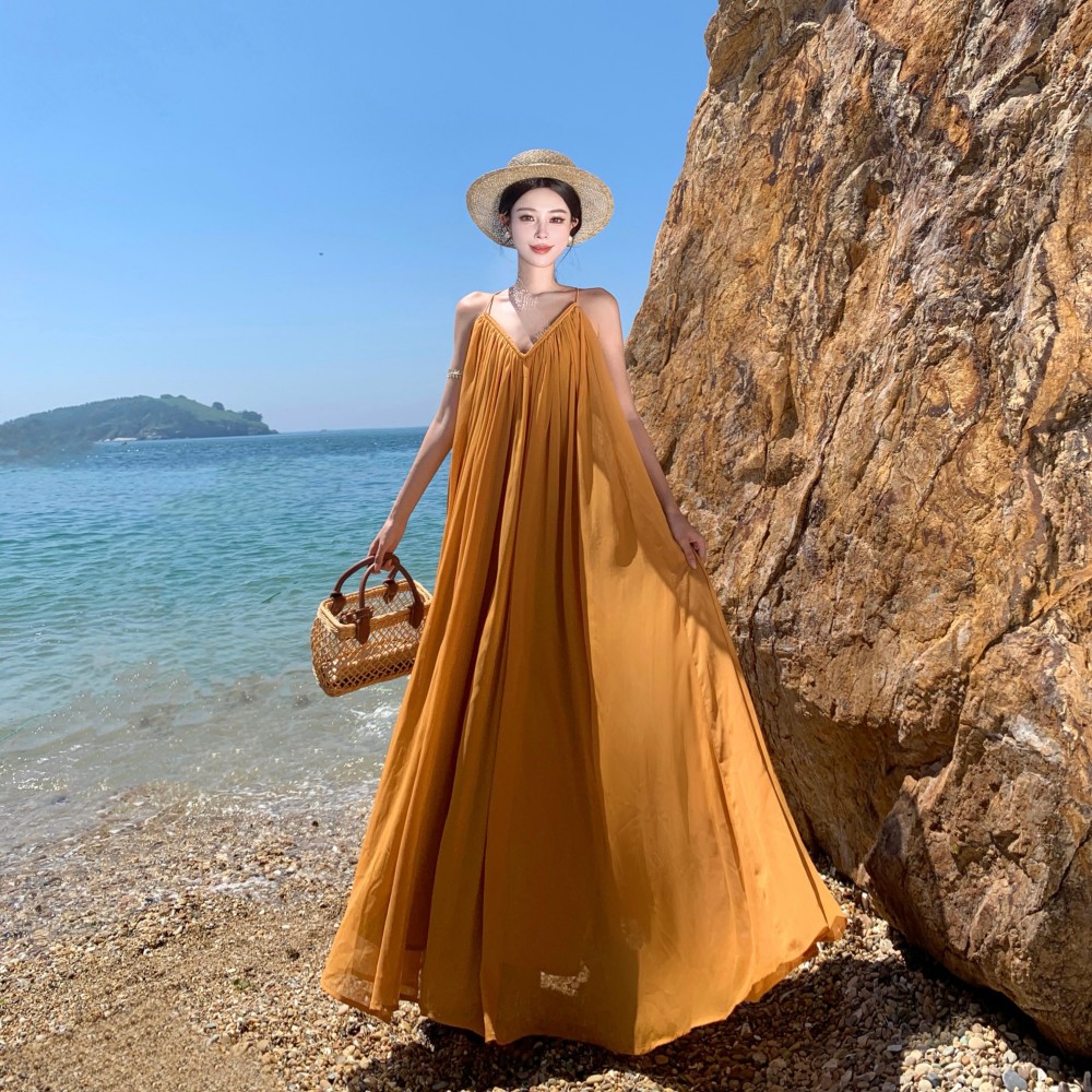 實拍縵紗垂漾法式連衣裙女夏時尚吊帶裙大裙擺海邊度假沙灘長裙