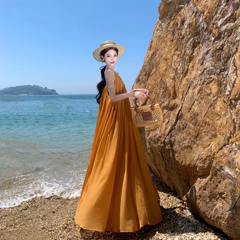 實拍縵紗垂漾法式連衣裙女夏時尚吊帶裙大裙擺海邊度假沙灘長裙