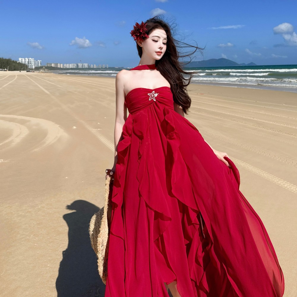 掛脖連衣裙女夏高級感小禮服不規則抹胸荷葉邊性感露背度假風長裙