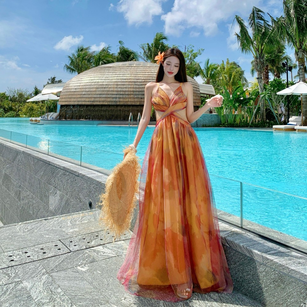 實拍莫奈花園橘色碎花印花仙女純欲吊帶長款顯瘦紗裙連衣裙