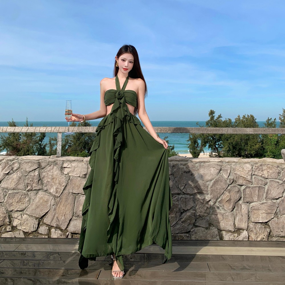 實拍森系旅人藝術系流浪風綁帶荷葉邊裙波嬉掛脖露背連衣裙
