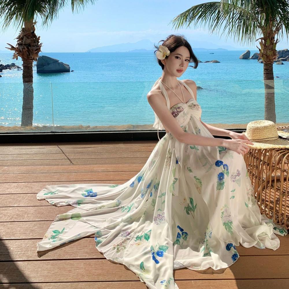 實拍設計感露背顯瘦不規則荷葉邊下擺吊帶長裙禮服印花沙灘裙