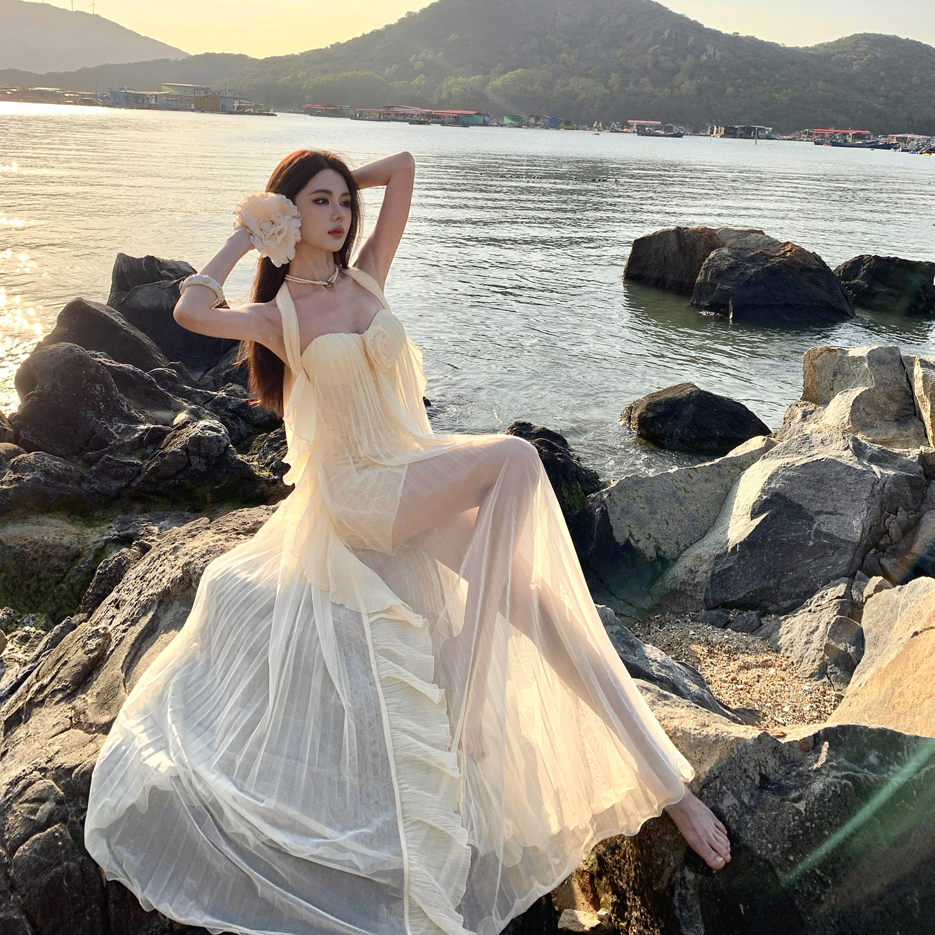 抹胸立體花朵百褶長裙三亞海邊度假仙女沙灘裙