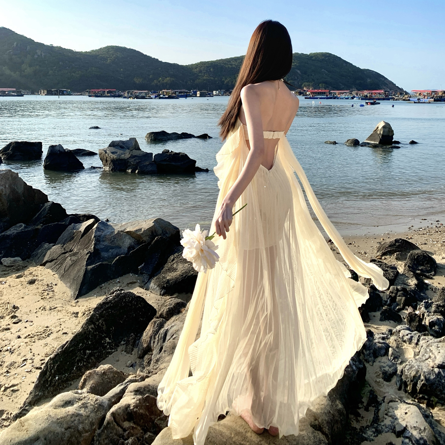 抹胸立體花朵百褶長裙三亞海邊度假仙女沙灘裙