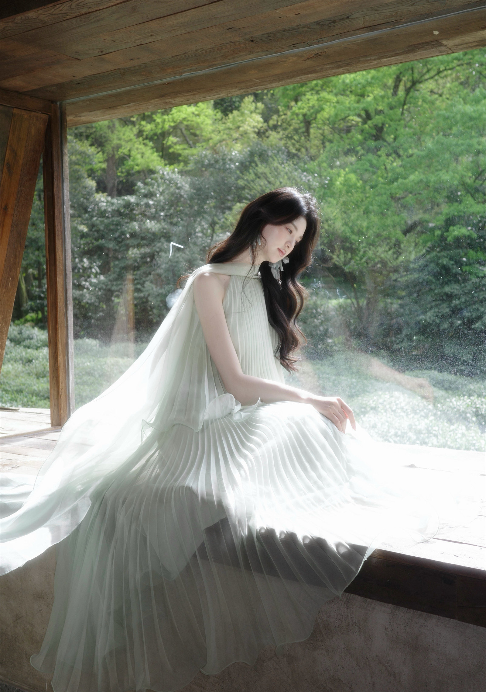 森系掛脖飄帶連衣裙立體壓褶設計氛圍感仙女裙