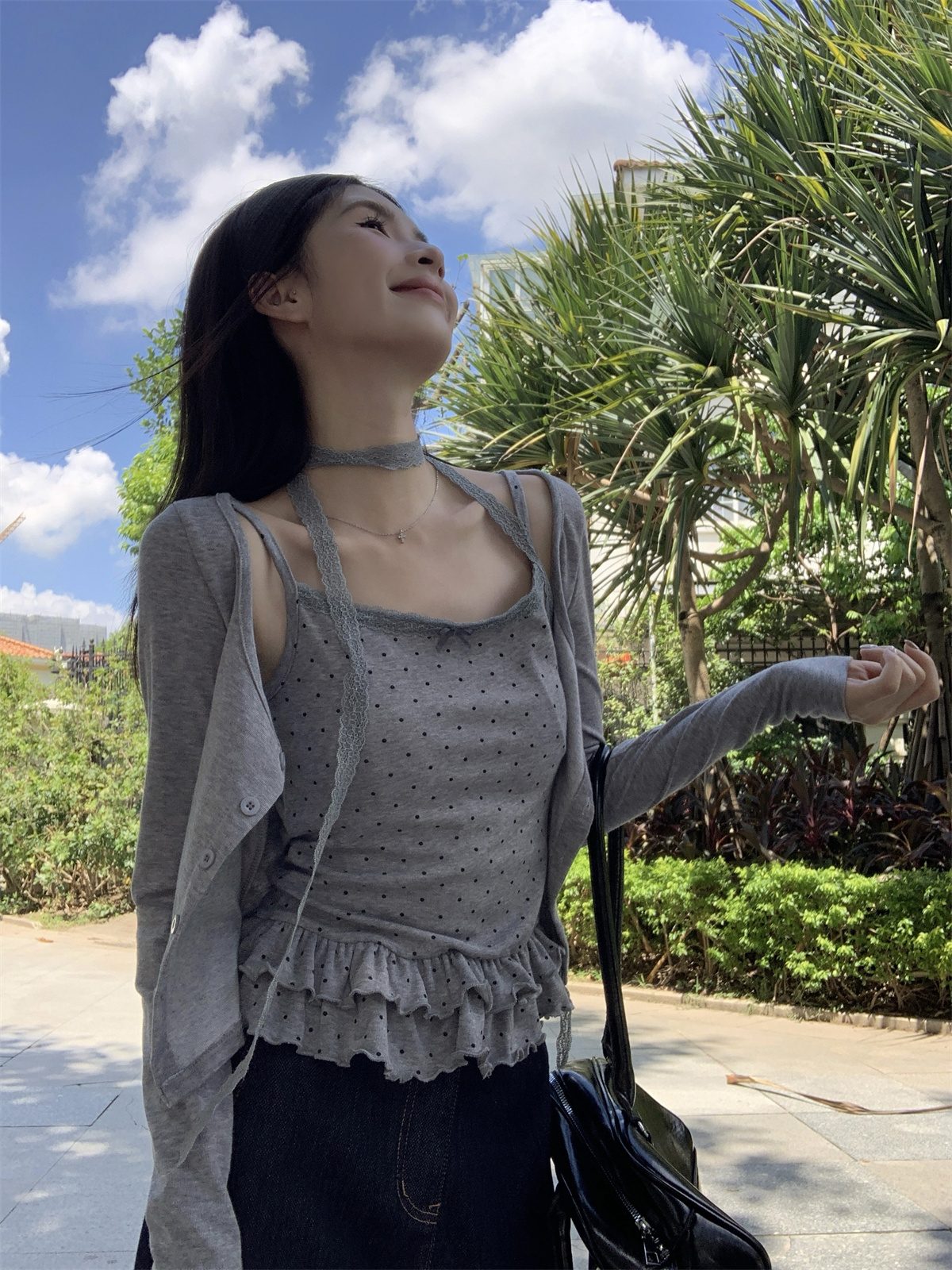 MY14089# 气质法式波点设计感吊带＋简约百搭开衫长袖开衫外套女裝貨源...