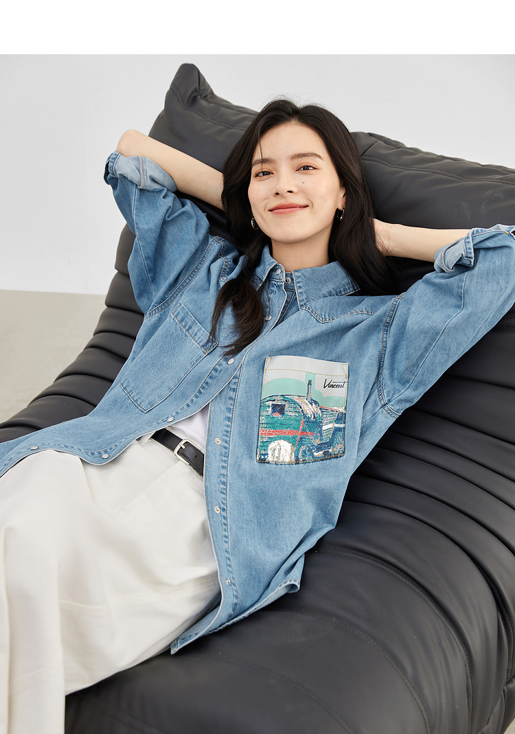 MY17062# 复古宽松牛仔衬衫新款慵懒休闲上衣宽松开衫外套女裝貨源服裝批發