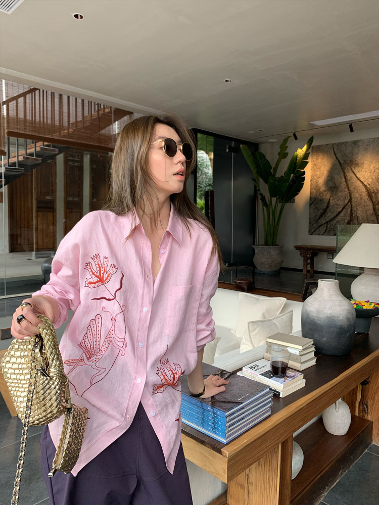 MY17060# 粉色刺绣衬衫女秋季新款休闲宽松时尚气质长袖衬衣开衫女裝貨源服裝批發