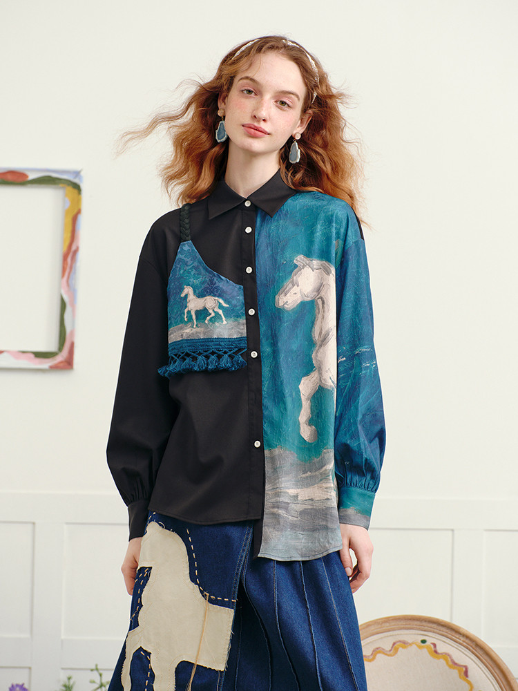 MY17059# 梵高设计感长袖衬衫新款复古印花上衣弥秋诗野女裝貨源服裝批發