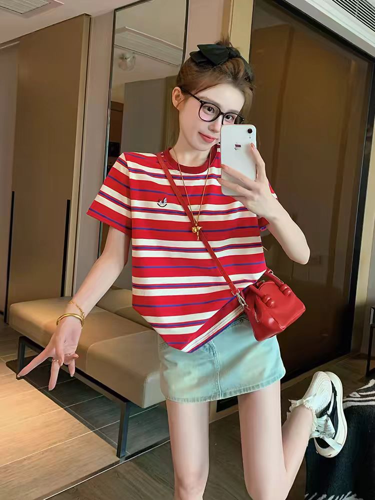 MY17048# 红色条纹短袖t恤女2026新款夏季美式复古宽松正肩刺绣小...