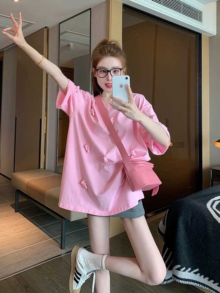 MY17047# 粉色重工立体小熊短袖t恤女夏季宽松休闲设计感纯棉小个子上衣ins女裝貨源服裝批發