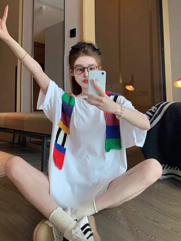 MY17045# 白色拼接披肩纯棉短袖t恤女夏季2026设计感小众欧货大版体恤上衣女裝貨源服裝批發