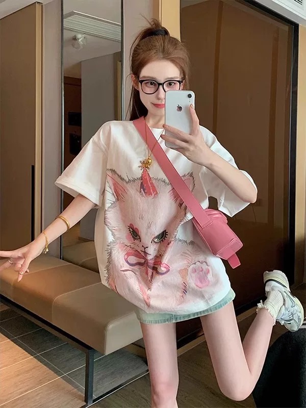 MY17044# 韩系甜美猫咪印花T恤女新款设计感晕染宽松百搭短袖上衣女裝貨源服裝批發