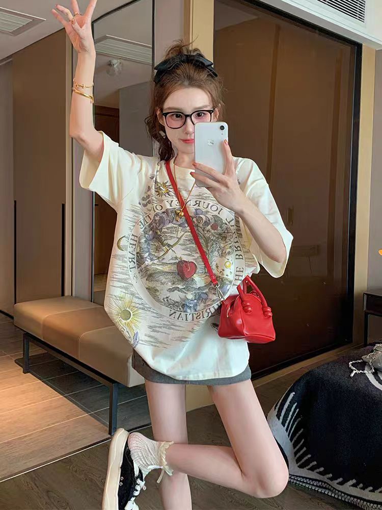 MY17043# 复古纯棉短袖t恤新款夏季宽松休闲美式高街设计感小众上衣女裝貨源服裝批發