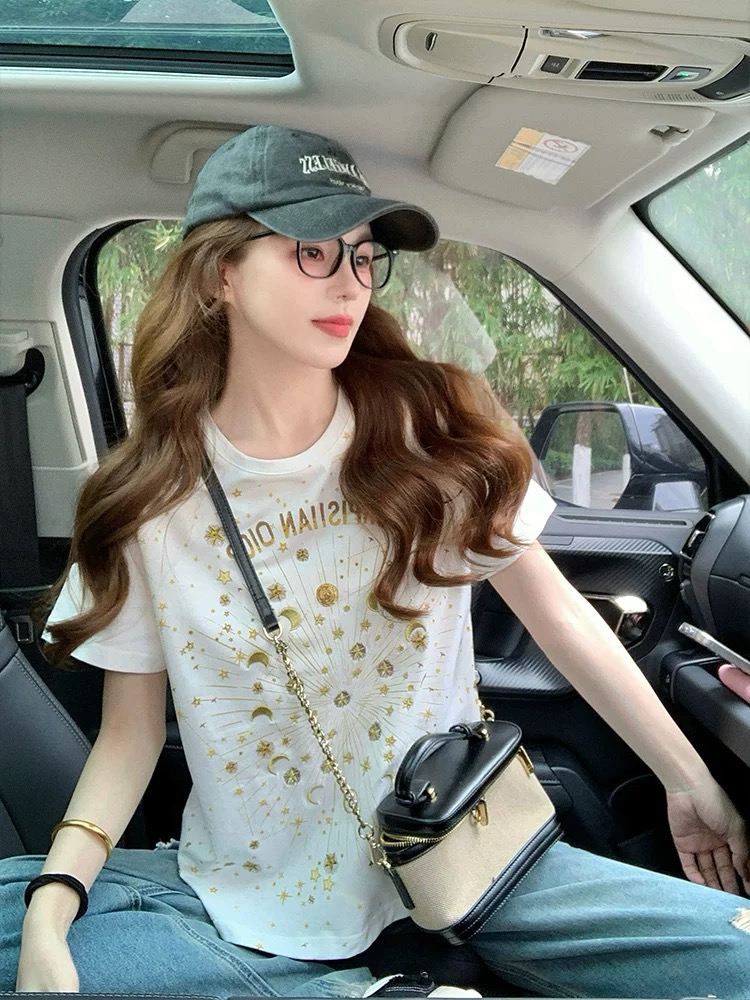 MY17335# 小香风短袖t恤新款夏季重工星星刺绣高级感宽松正肩上衣潮女...
