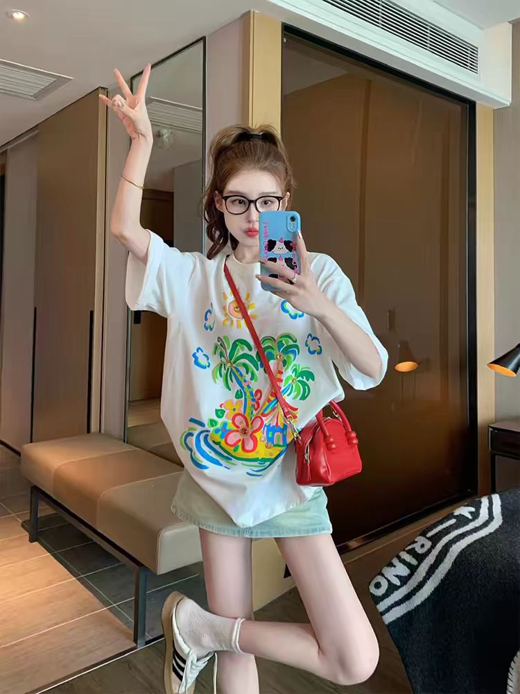 MY17334# 白色夏威夷纯棉短袖t恤高级感小众宽松休闲百搭体恤上衣ins女裝貨源服裝批發