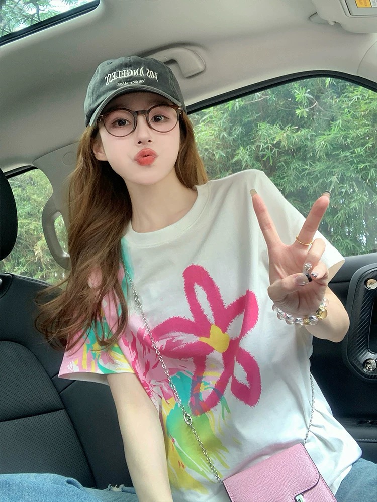 MY17332# 小香风短袖t恤新款夏季渐变涂鸦花朵减龄美式设计感正肩潮女...