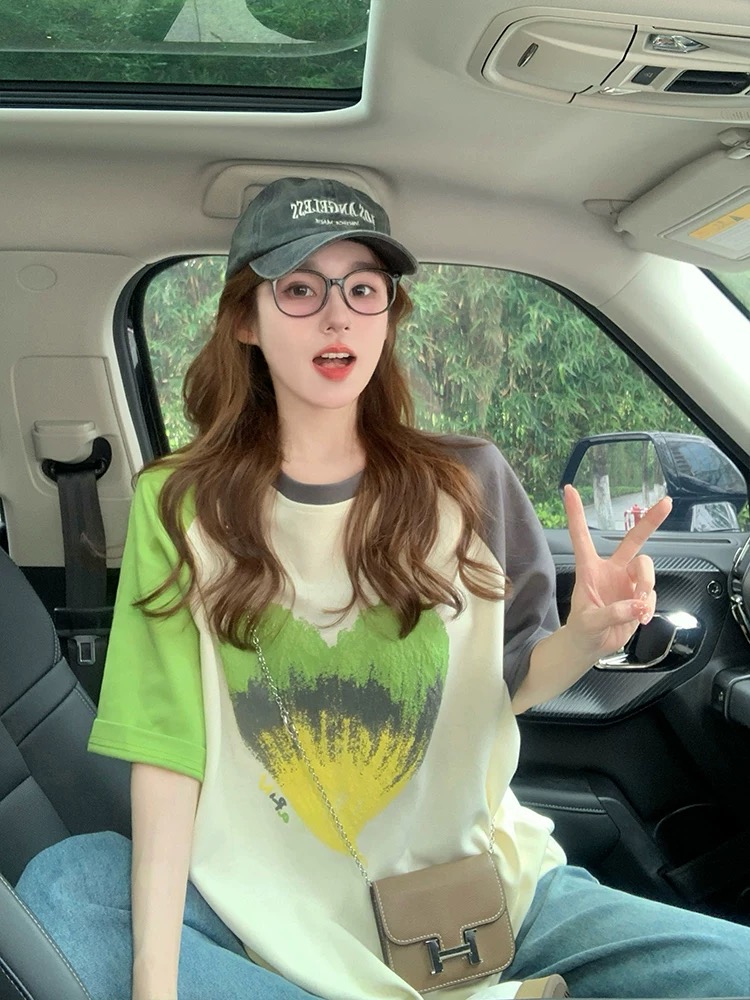 MY17330# 撞色爱心短袖t恤女夏季新款oversize美式设计感插肩...