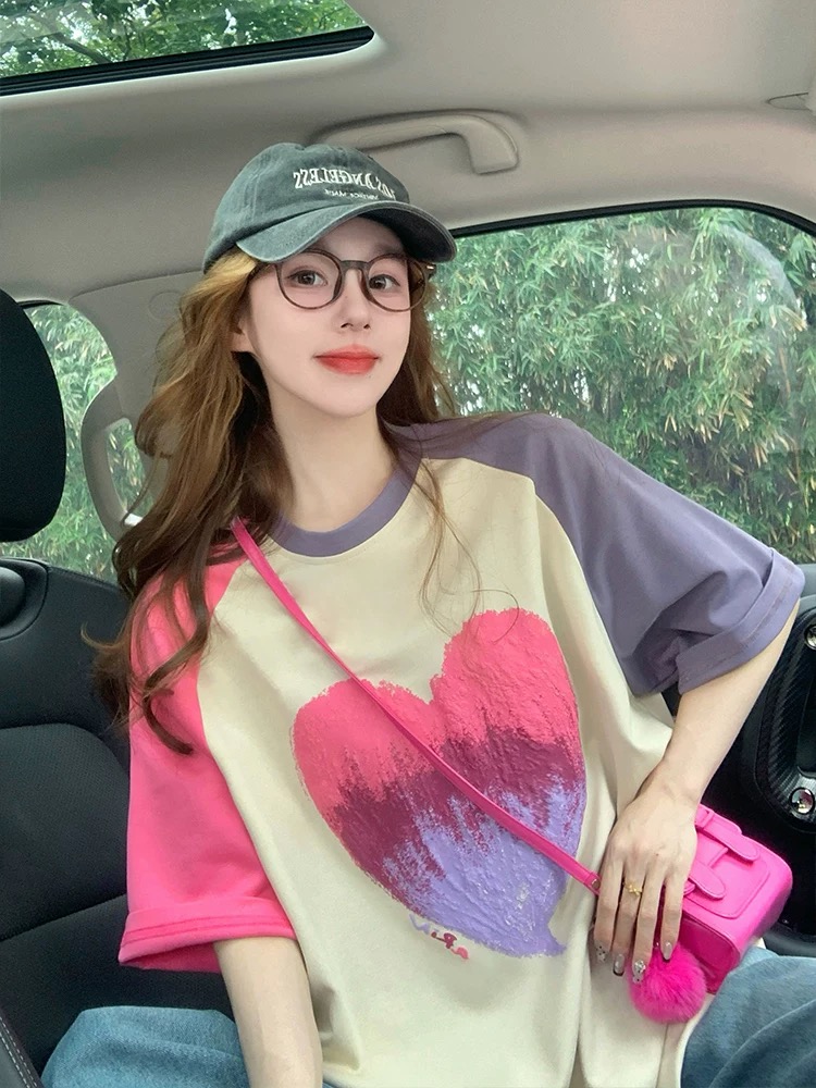 MY17329# 美式插肩短袖t恤新款夏季潮牌复古设计感爱心印花大版上衣女裝貨源服裝批發