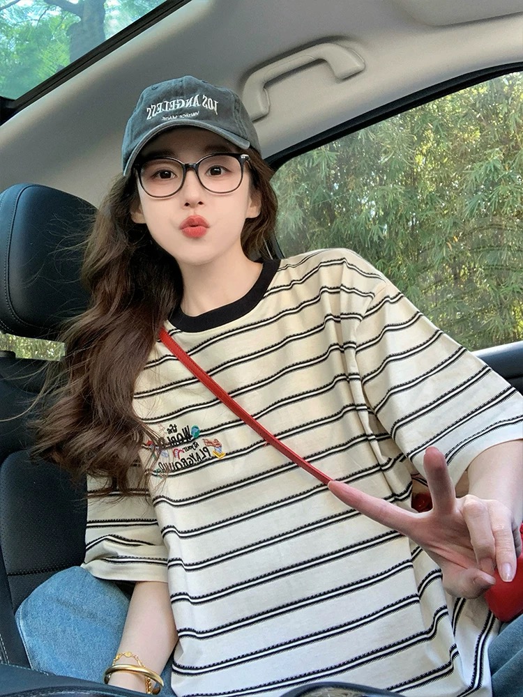 MY17327# 条纹短袖t恤新款夏季美式刺绣设计感小众潮牌休闲宽松上衣女...