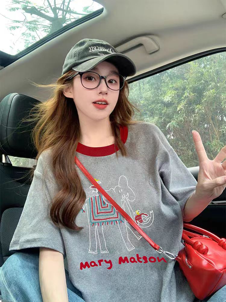 MY17326# 灰色大象短袖t恤新款夏季撞色韩系复古减龄宽松休闲上衣in...