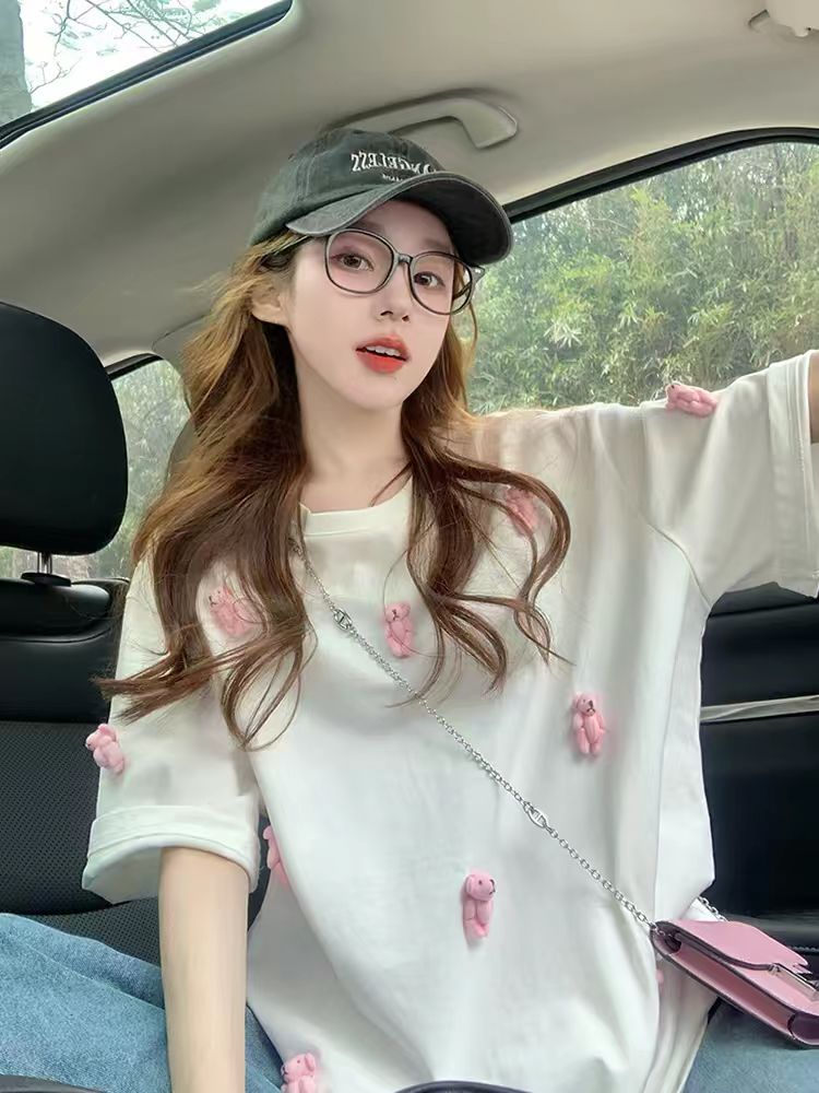 MY17325# 重工小熊短袖t恤新款夏季立体设计感欧货大版洋气减龄上衣女裝貨源服裝批發