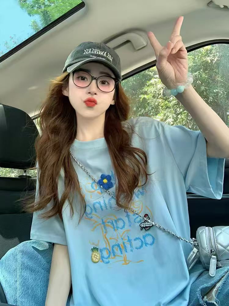 MY17323# 蓝色字母印花短袖t恤新款夏季美式纯棉宽松休闲百搭上衣潮女裝貨源服裝批發