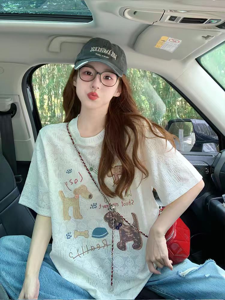 MY17316# 趣味卡通印花蕾丝短袖t恤新款夏季薄款设计感减龄宽松上衣女裝貨源服裝批發