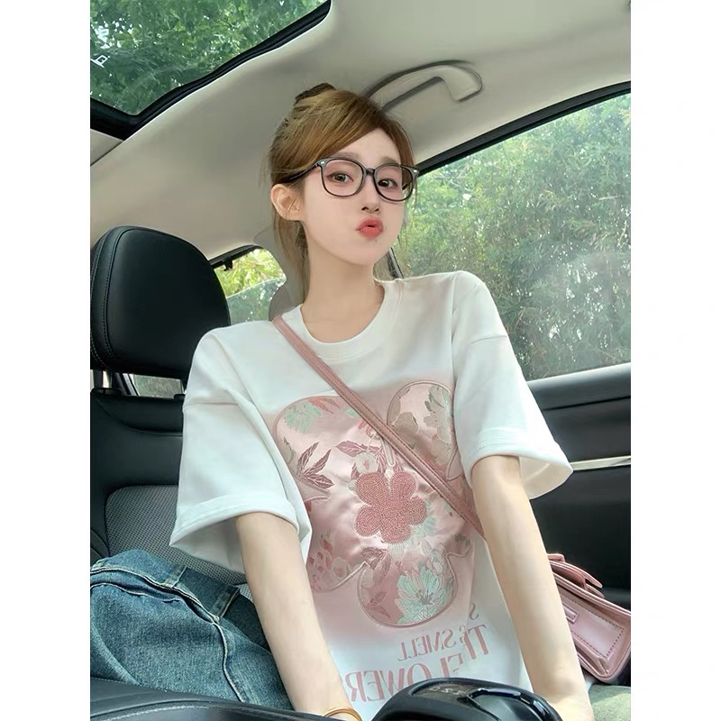 MY17321# 粉色刺绣短袖t恤新款夏季美式花朵宽松设计感甜美减龄上衣女裝貨源服裝批發