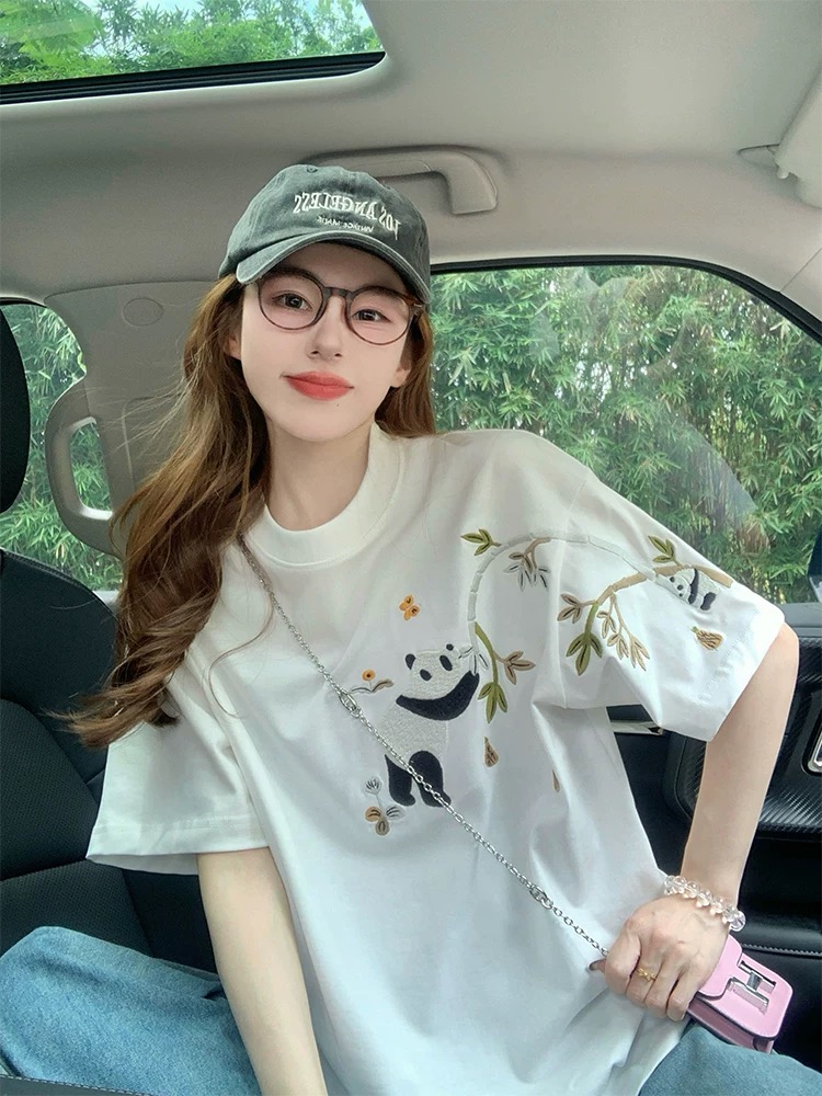 MY17320# 国风熊猫刺绣短袖t恤新款爆夏季重工设计感宽松纯棉上衣潮女裝貨源服裝批發