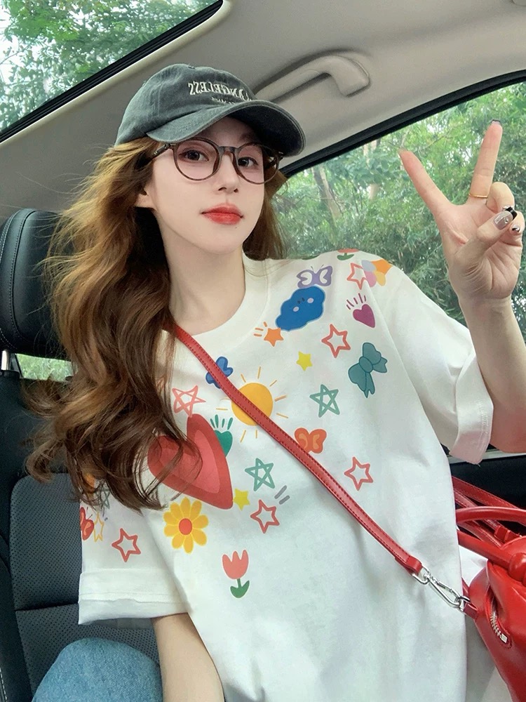 MY17319# 白色涂鸦印花短袖t恤新款夏季美式潮牌设计感小众宽松上衣女裝貨源服裝批發