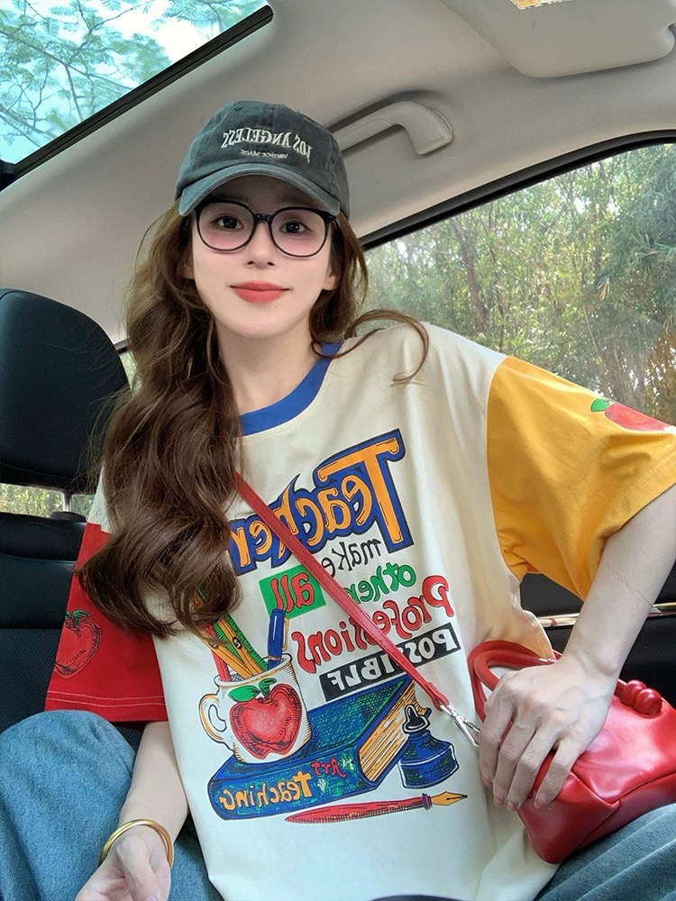 MY17317# 彩色拼接字母印花短袖t恤新款夏季美式复古设计感宽松上衣女裝貨源服裝批發