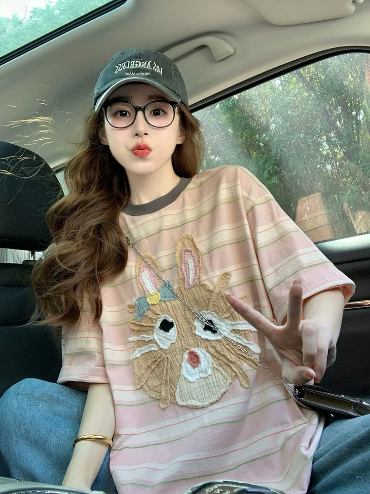 MY17590# 粉色条纹短袖t恤新款夏季卡通减龄设计感宽松上衣女裝貨源服...