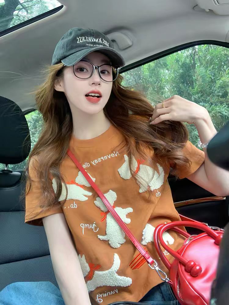 MY17589# 复古小狗短袖t恤夏季美式减龄设计感小个子短上衣女裝貨源服...